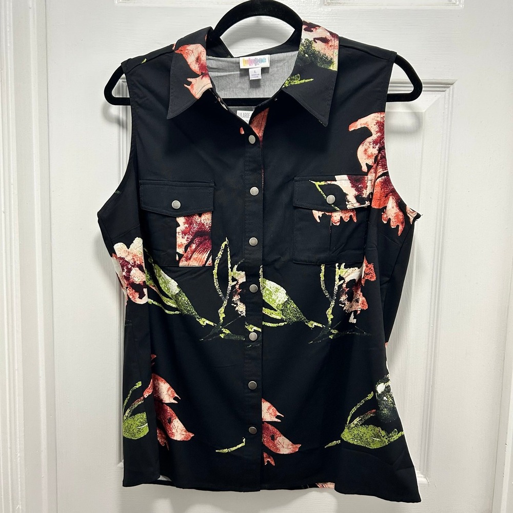 LuLaRoe Roxanne Sleeveless Floral Button Snap Top Blouse Black Large NWT